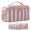 BOYATU Travel Makeup Bag for Women: 3 Pcs Set Striped Make up Bag,Pink | Vegan Leather Cosmetic Bags with Compartments - Waterproof Large Capacity Toiletry Bags - 180° Open-Flat Makeup Organizer - color: A-3-Pink