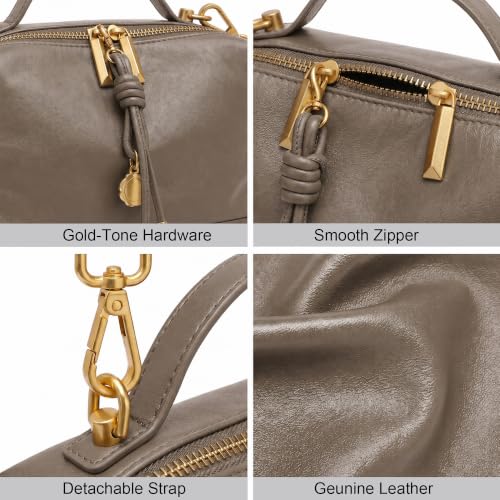 Genuine Leather Shoulder Bag for Women Small Top Handle Bag Crossbody Purse | Smooth Double Zipper Detachable Adjustable Strap Gold-Tone Hardware and Organized Three-Compartment Interior - color: Grey