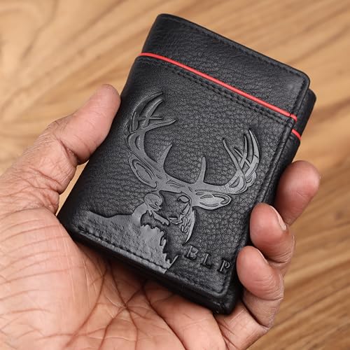 Men’s Trifold Leather Wallet with Deer Emboss & Red Accent Trim | Full-Grain Nappa Leather | RFID Blocking Slim Card Holder | Gift for Husband, Dad, Boyfriend - style: Red Edge Deer