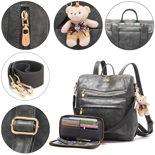 Soperwillton Women Backpack Purse Shoulder Handbags Travel Bag Set 2pcs | Soft PU Leather,Large Capacity,Many Pockets,with a Functional Wallet,with a Detachable Shoulder Strap,Multipurpose Design - color: Darkgrey