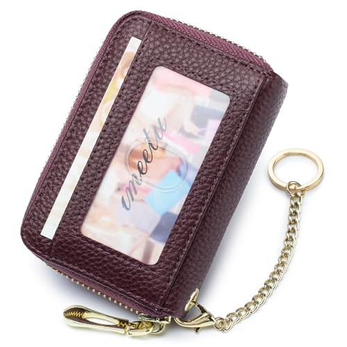imeetu RFID Credit Card Holder, Small Card Wallet Women, Leather Card Case | Genuine Leather Women's Card & id Cases, Change Coin Purse with Zipper Keychain id Window, 20 Colors & 3 Styles, Daily, Gifts - color: Pro - Purple Coffee, size: Pro