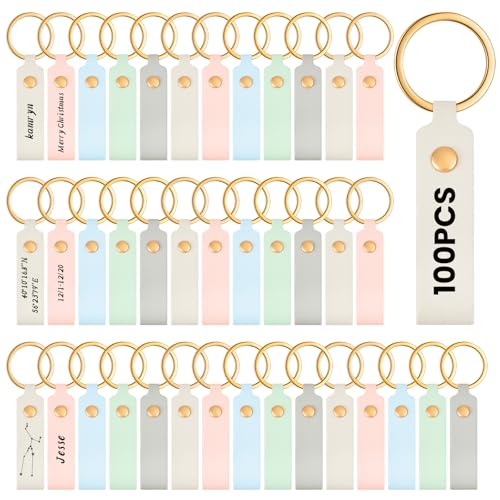 Wavyknot 100 Pcs PU Leather Keychain Blanks Bulk Laser Engraving Blanks Keychain Kit with Key Rings for DIY Key Chains Craft(3.7 x 0.7 Inches, Vivid Color) - color: Vivid Color, size: 3.7 x 0.7 Inches