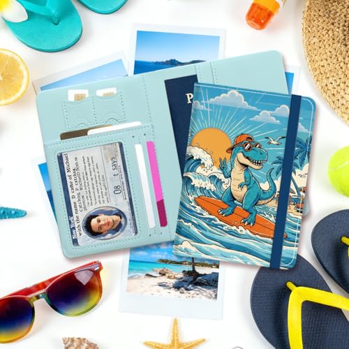 PU Leather Passport Holder Cover 5.9×4.3 Inch with Credit Card Slot Boarding Pass Slot Combo Blocking Passport Holder Wallet Cover Case for Travel Boarding Essentials(Coastal Dinosaur) - color: Coastal Dinosaur