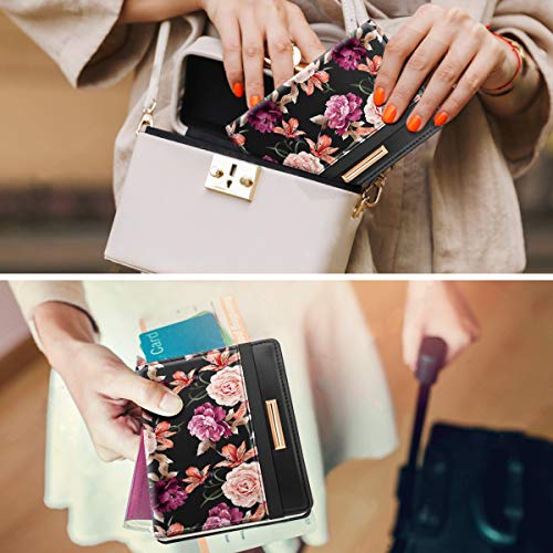 Coco Rossi Passport Holder Cover RFID Cute Slim Travel Wallet Women | Travel Essentials, Passport Book Holders, Passport Cover Case, PU Leather, Thin Card Holder, Spliced Design, Black Flower - color: Black Flower