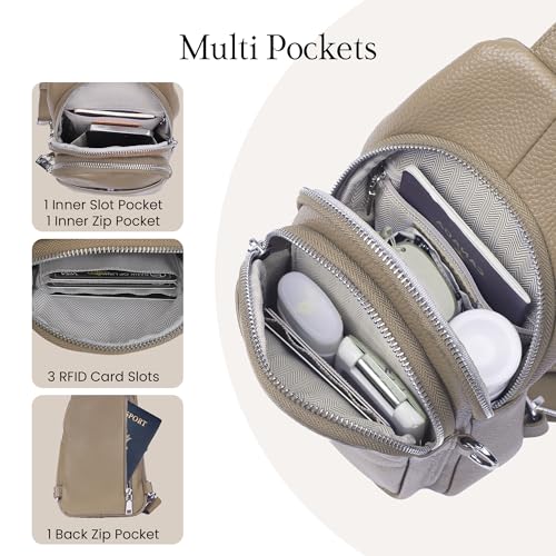 befen Genuine Leather Sling Bag for Women Anti-Theft Crossbody Chest Bags Fanny Packs for Travel with RFID Card Slots | Real Leather, Anti Theft, RFID Blocking, 3 Card Slots, Anti Pocket Bag, Multi Pockets, Travel Purse - color: Taupe