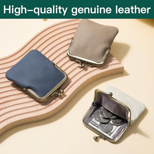 Genuine Leather Kiss Lock Coin Purse, Mini Wallet with Metal Clasp Frame, Small Change Holder，gift for women men (Gray) - color: Gray