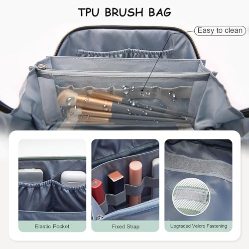 BOYATU Travel Makeup Bag for Women: 3 Pcs Set Striped Make up Bag,Green | Vegan Leather Cosmetic Bags with Compartments - Waterproof Large Capacity Toiletry Bags - 180° Open-Flat Makeup Organizer - color: A-2-Green