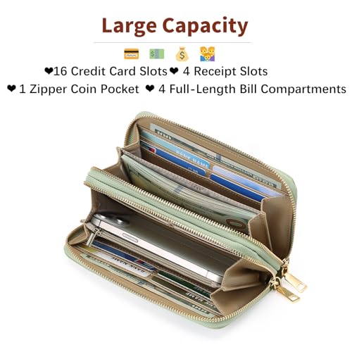 GOIACII Women's Wallet RFID Blocking Leather Wristlet | 2 Zip Around, Large Capacity, Credit Card Holder, Ladies Phone Clutch Purse - color: A09 Mint Green