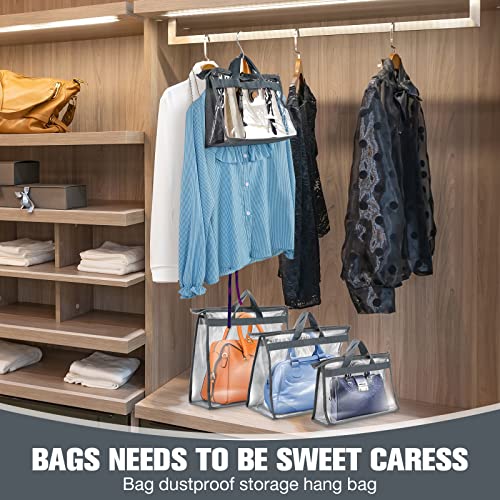 Chumia 20 Pack Dust Bags for Handbags Clear Handbag Storage Organizer, 3 Sizes Purse Storage Organizer for Closets Dust Cover Purse Protector Bag with Zipper and Handles with 25 Pcs S Hooks(Grey) - color: Grey