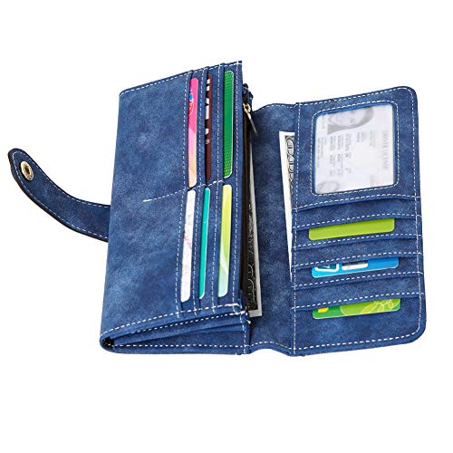 Women's Vegan Leather 17 Card Slots Card Holder Long Big Bifold Wallet - color: Navy