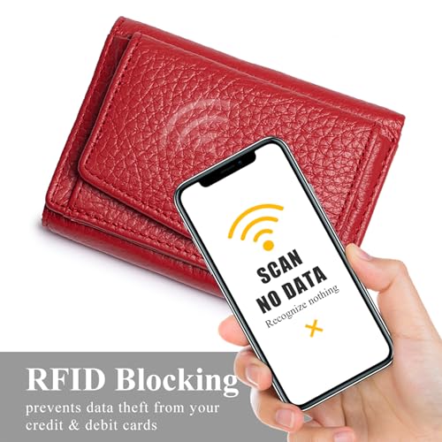 Small Wallet Women Genuine Leather RFID Blocking Trifold Tiny Wallets with Snap Coin Pouch 7 Card Solts
