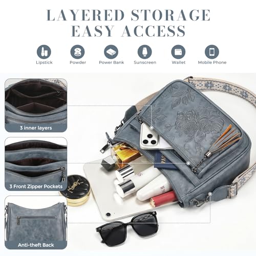 Crossbody Bags for Women, Medium Vegan Leather Purses | Large Capacity Multi-Pocket Embossed Shoulder Bag with Boho Strap for Daily Travel - color: Blue