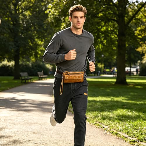 Water Resistant Canvas + Leather Hiking Riding Travel Fanny Waist Pack Small Phone Pouch For Men Women FB811-29 (100% Leather-The 8136 Brown2) - color: 100% Leather-The 8136 Brown2