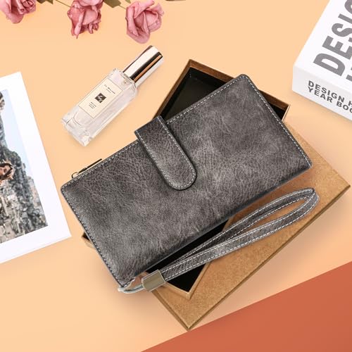 XINNSTAR Womens Wallet RFID Blocking Large Capacity Credit Card Holder Long Purses for Women with Wristlet Pocket ID Window - color: Gray