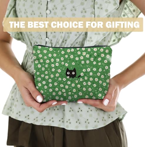 Cute Cat Green Floral Makeup Bag,Gifts for Women Cat Lovers,Cats Lover Lady Mom Grandma Gifts, Abstract Flower Kitty Kitten Zipper Makeup Pouch,Spring Holiday Toiletry Bag - color: Cute Cat Green