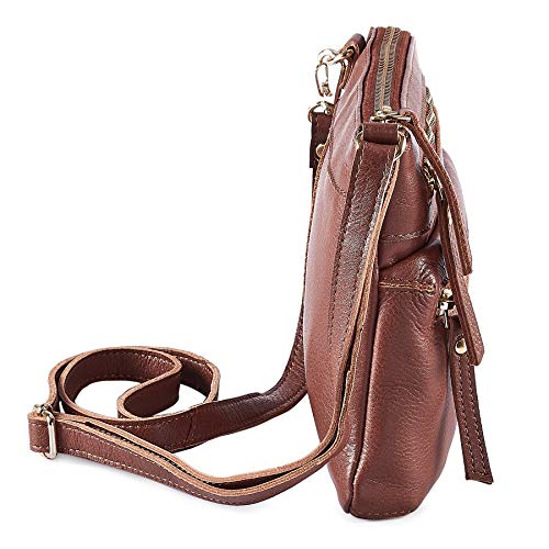 Small Leather Crossbody Bag for Women Adjustable Sling Purse Multi Pocket | Genuine Top Grain Leather, 4 Zip Pockets, Cross Over for Travel, Gift for Women, Phone Pocket - color: Tan Nappa