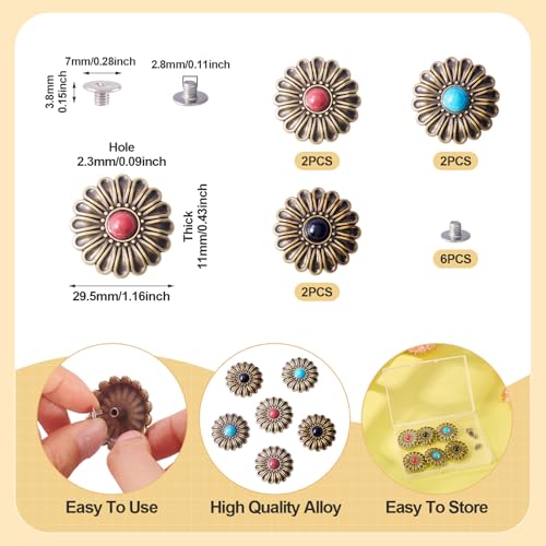 6 Sets Alloy Decorative Rivets Sunflower Vintage Turquoise Rivets Buttons Metal Rapid Coin Rivet Studs for Leather Clothes Bag Purse Craft - color: #06-Sunflower-6 Sets