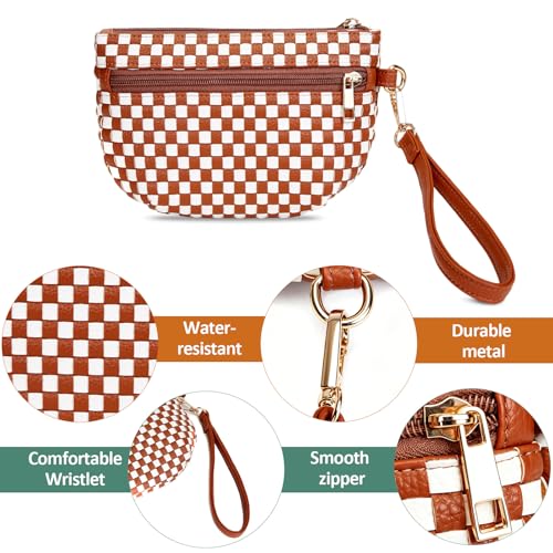 Woven Wristlet Bag for Women Checkered Crescent Pouch Wallet Small Purse - color: Brown