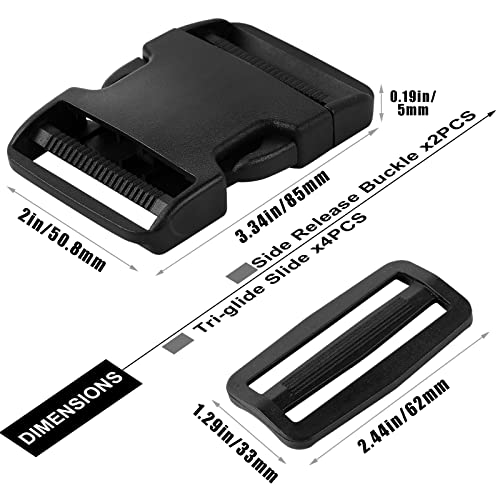 Buckles for Straps 2 inch:Side Release Buckle Plastic Clip 4 set + Tri-Glide Slide 8 pcs,Fit 2 inch Wide Nylon Strap Webbing Belt,Heavy Duty Dual Adjustable Plastic Buckle No Sewing… - color: 2" 4 Pcs Buckle Set