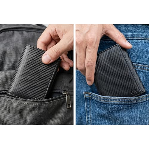 Trifold Leather Wallet for Men - RFID Slim Minimalist Front Pocket 6 Slots - color: Black Carbon/Cognac