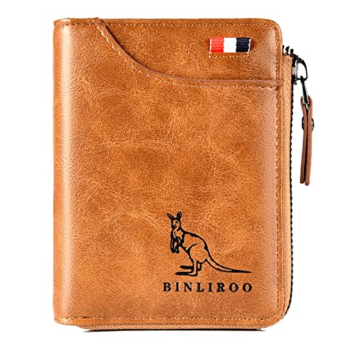 Leather Wallet for Men with zipper, RFID blocking bifold wallets with Separate ID Card window Cartera Para Hombre(khaki) - color: khaki