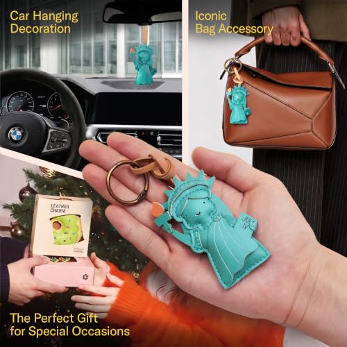 Travel Icon Leather Charm Keychain - Hand-Sewn Bag Charm for Car, Backpack Decoration, Gift for Women Men Kids - color: Lady of Liberty