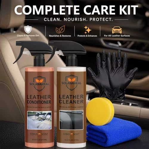 2-in-1 Leather Cleaner & Conditioner Kit, 2 Pack Leather Care Set with Sponge, Towel & Gloves, Citrus Scent for Car Seats, Sofa, Shoes & Bags, Finished Leather