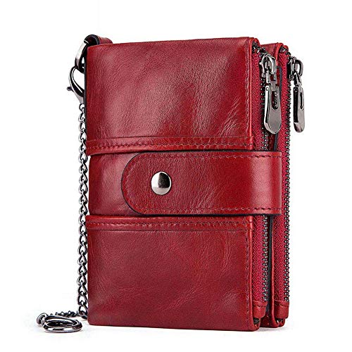boshiho Genuine Leather Bifold Chain Wallet for Men RFID Blocking - color: Red