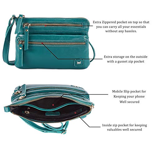 Small Leather Crossbody Bag for Women Adjustable Sling Purse Multi Pocket | Genuine Top Grain Leather, 4 Zip Pockets, Cross Over for Travel, Gift for Women, Phone Pocket - color: Emerald Green Nappa