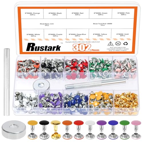 Rustark 300 Sets 10 Colors 8x8MM Leather Rivets Kit Double Cap Rivet Tubular Metal Studs with Setting Tools Kit for DIY Leather Craft Repairs Decoration