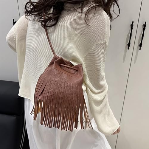 Women Mini Tassel PU Leather Crossbody Shoulder Bag Drawstring Bucket Bag | Small Fringe Cross body Bag Cell Phone Coin Purse Wallet - color: Coffee