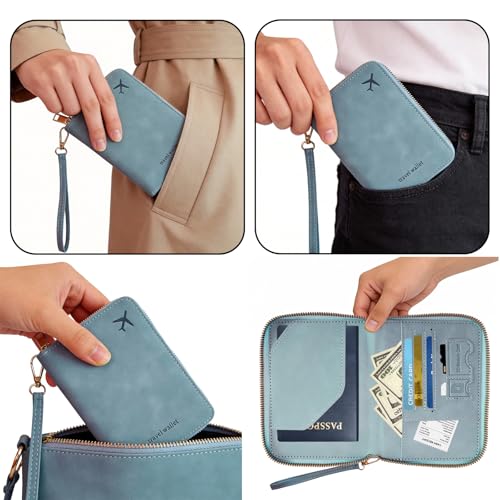 Passport Holder for Travel Wallet,RFID Detachable Wrist Strap Wallet | Leather Travel Card Sleeve for Men Women - color: Light blue