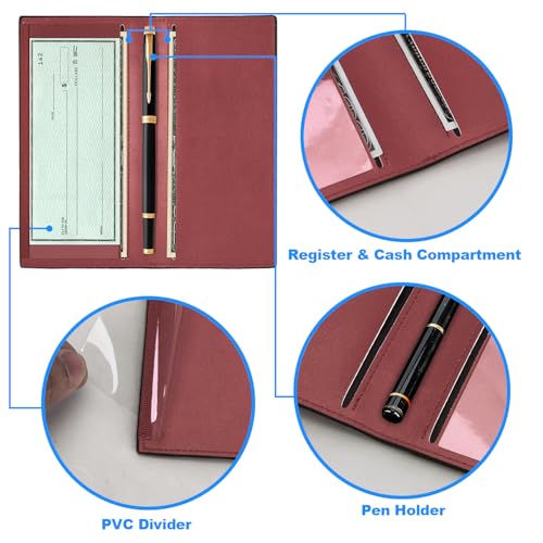 CASMONAL Checkbook Cover for Personal, Check Book Holder for Women & Men | PU Leather with Pen Holder, Transparent PVC Divider for Duplicate Checks - color: Red Wine