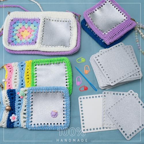 AOUXSEEM 24pcs Faux Leather Squares for Crochet Beginners,Work with Granny Square Projects Weaving Handmade Handbag/Coin Purse/Phone Bag/Pouch/Pillow Case/Jacket,Perfect for DIY Unique Gifts (Silver) - color: Silver