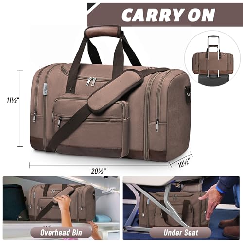 50L Expandable Canvas Duffle Bag Weekender Travel Carry On Gym | Large Capacity, Multiple Pockets, Detachable Strap, Travel Duffel Bags Women Men,Duffle Bags for Traveling - color: Brown
