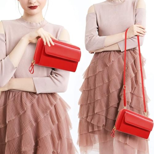 Women Leather Wallet Crossbody Shoulder Bag with Double Zipper and Mobile Phone Purse with Shoulder Strap - color: 109-red