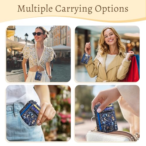 Kelvoris Credit Card Holder Small Wallet Women, Slim RFID, Goth Mushroom | Keychain, Zipper Coin Pocket, Front Pocket Thin Travel Card Case, Minimalist, 6 Card Slots, 1 ID Window, Ladies Gifts Woman - color: Blue Goth Skull