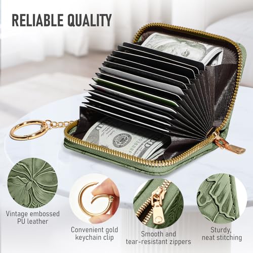 credit card holder for women，Embossed leather Rfid wallet women， KeyChain Wallet - color: Green