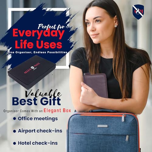 ALLEN & MATE Genuine Leather Passport Holder for Travel, RFID Blocking Travel Wallet Fits 2 Passports and 12 Cards, Zippered Document Organizer with SIM Slot and Pen Loop for Men and Women - color: Brown