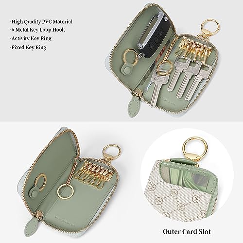 GOLF SUPAGS Women PVC Leather Car Key Chain Card Holder Wallet Pouch 6 Hook Snap Closure keys Money Organizer Case | Card Holder - color: Bean Green×Ash Green, Large