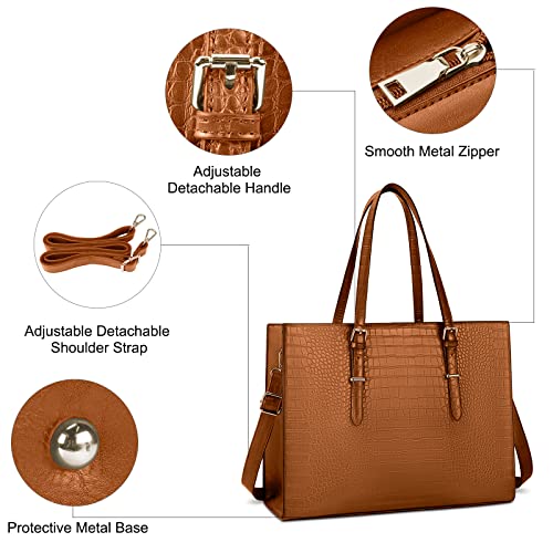 Laptop Bag for Women 15.6 Inch Crocodile Leather Tote Bag Water-resistant Work Briefcase Business Computer Shoulder Bag for Travel Teacher Nurse Professional Handbag - color: Brown