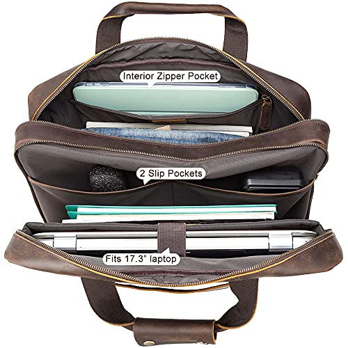 TIDING Vintage Leather Briefcase for Men, X-Large 17.3 Inch Laptop Messenger Shoulder Bag for Office Business Travel