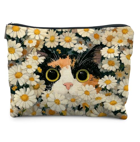 Cute Cat Floral Makeup Bag,Gifts for Women Cat Lovers,Cats Lover Lady Mom Grandma Gifts, Calico Cat Daisy Kitten Zipper Makeup Pouch,Spring Holiday Toiletry Bag - color: Cat Floral