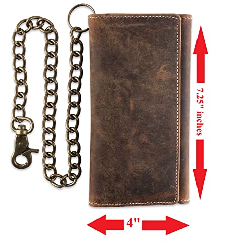 F&L CLASSIC Chain Wallets for Men buffalo premium leather RFID blocking long style Tri-fold for Trucker, bikers, vintage look,buff hunter White stitching,212 - color: buffalo vintage leather W/ White stitching