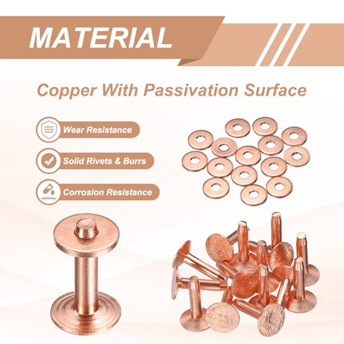 HARFINGTON 15Set Copper Rivets and Burrs Washers 10x3.3x14mm Dimpled Finish Solid Leather Rivet Fastener Studs Posts for Leather DIY Craft Belts Wallets Collars, Copper Tone - color: Copper Tone, size: 10x3.3x14mm