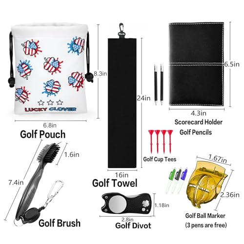 Golf Valuables Pouch - Leather Tee Pouch with Drawstring Closure Golf Gifts - color: USA Lucky Clover