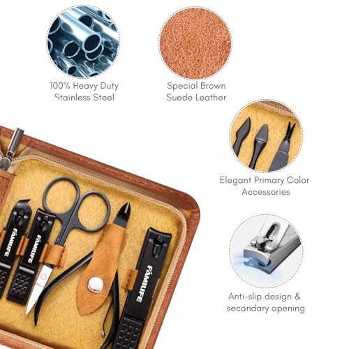 FAMILIFE Manicure Set, Professional Manicure Kit Nail Clipper Set Stainless Steel Pedicure Tools Kit with Leather Travel Case for Women Girl Men (Brown) - color: Brown