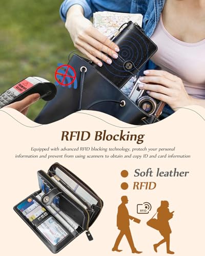 TFKGS Wallet for Women RFID Blocking Leather Large Capacity Card Holder Ladies Phone Clutch Travel Long Purse Wristlet | RFID Blocking - color: 2-Upgrade-Wax-Black