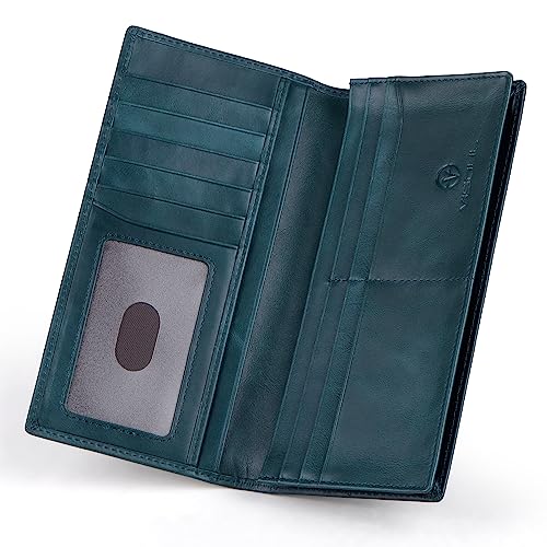 VISOUL Leather Checkbook Cover Wallet for Men with RFID Blocking, Mens Long Bifold Cash Tall Wallet with 11 Credit Card Slots 1 ID Window (Dark Blue) - color: Dark Blue