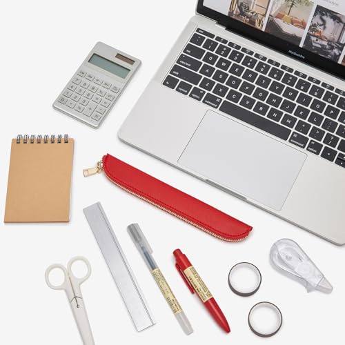 Slim Pencil Case Skinny Pen Case Pen Pouch (FL Bright Red) | Smooth gold zipper; wipe-clean faux leather; fits a few gel writers and a stylus; slips into planners backpacks and totes - color: Bright Red